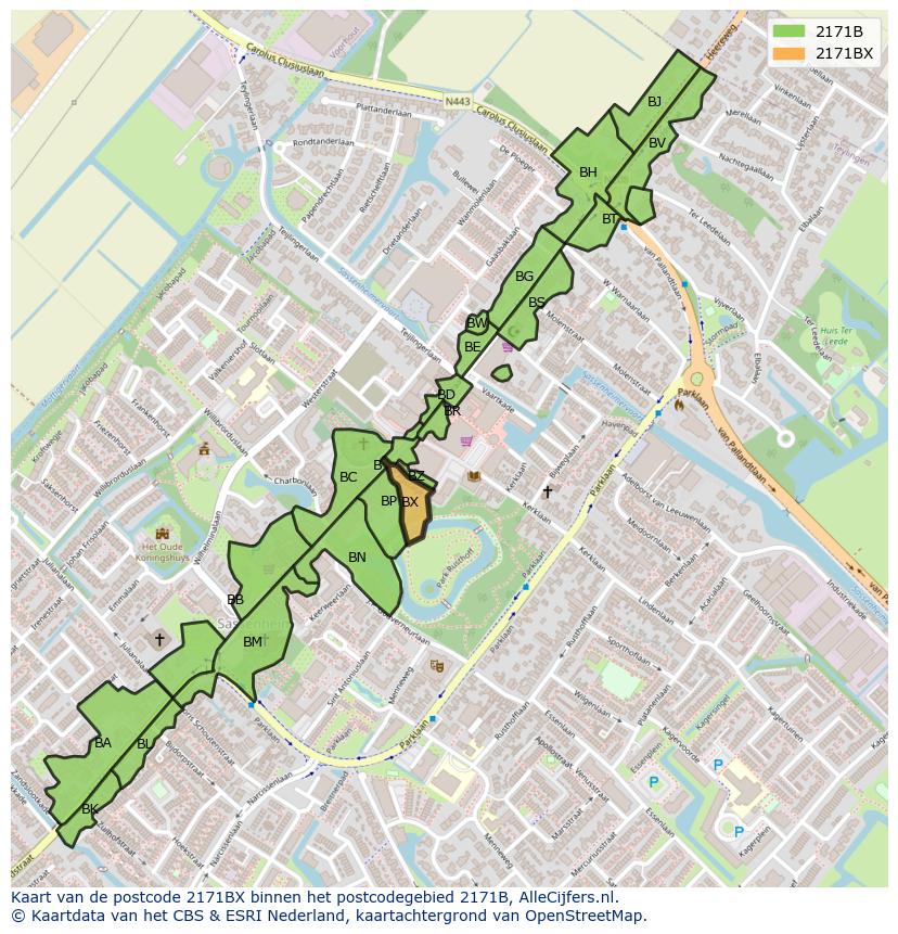 Afbeelding van het postcodegebied 2171 BX op de kaart.