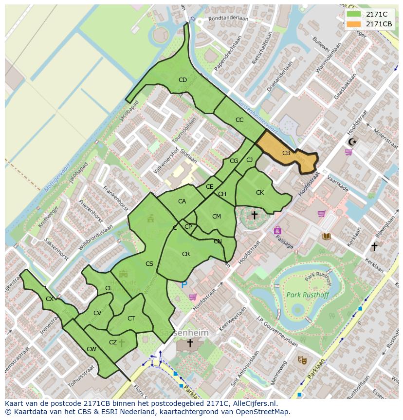 Afbeelding van het postcodegebied 2171 CB op de kaart.