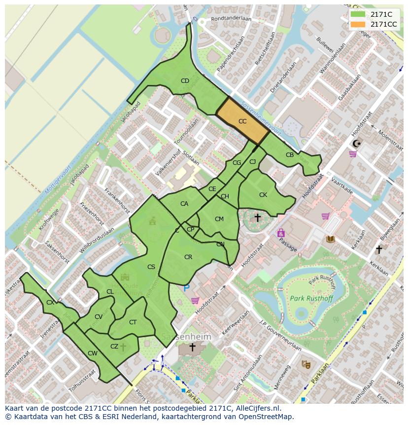 Afbeelding van het postcodegebied 2171 CC op de kaart.