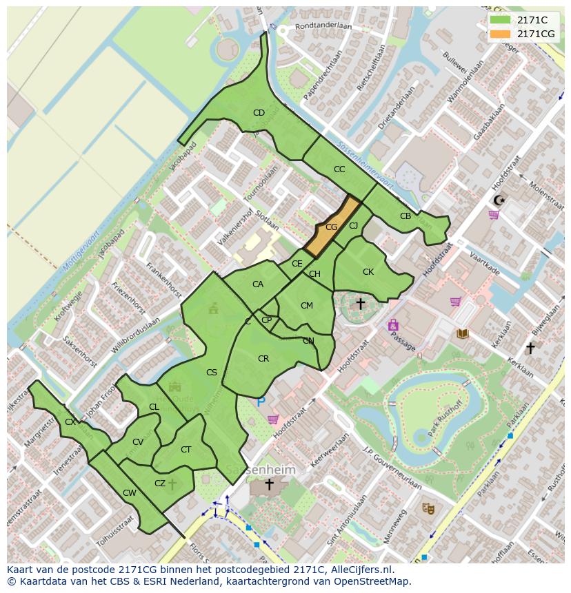 Afbeelding van het postcodegebied 2171 CG op de kaart.