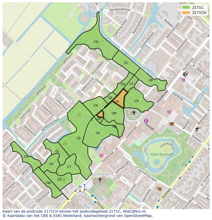 Afbeelding van het postcodegebied 2171 CH op de kaart.