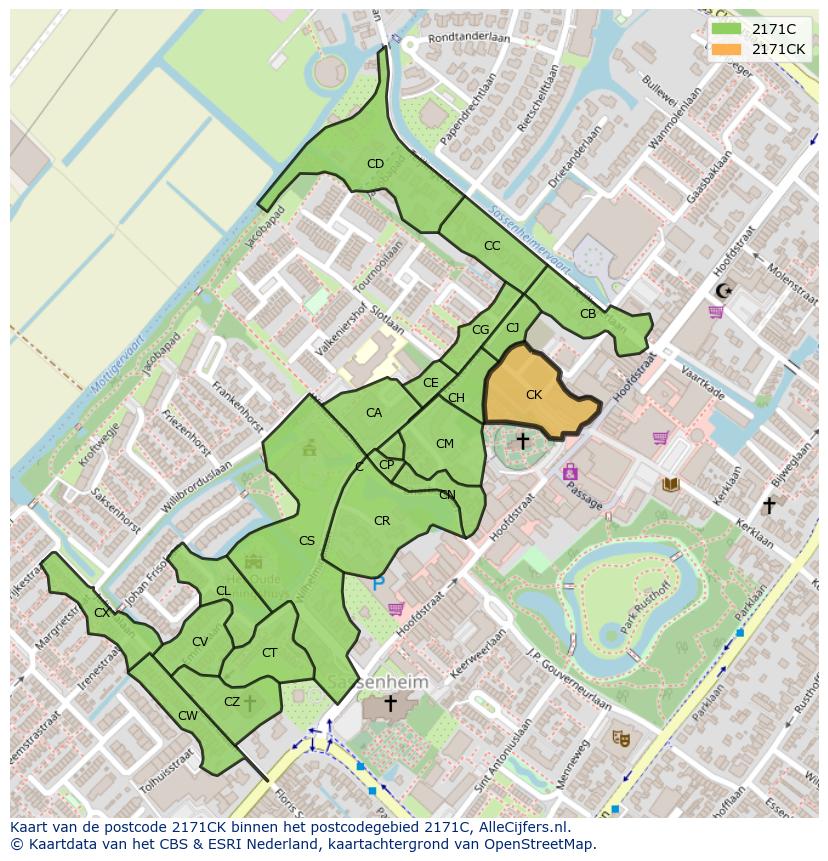 Afbeelding van het postcodegebied 2171 CK op de kaart.