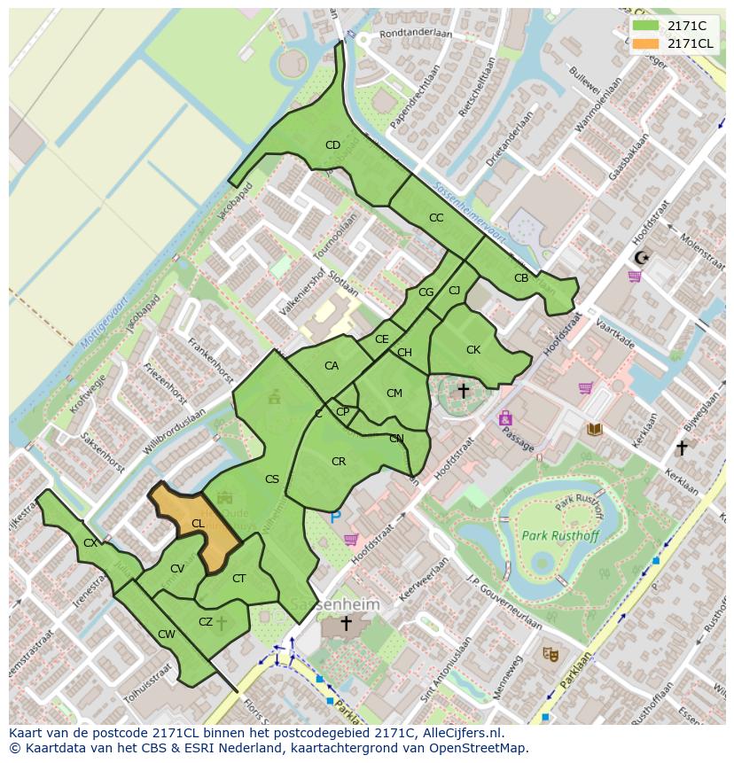 Afbeelding van het postcodegebied 2171 CL op de kaart.