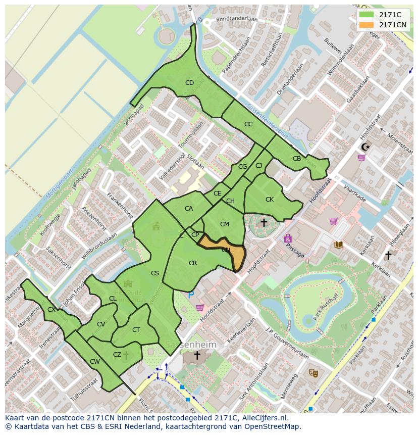 Afbeelding van het postcodegebied 2171 CN op de kaart.