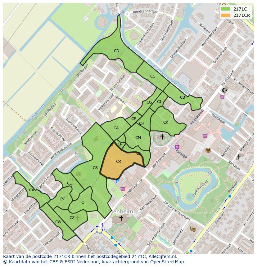 Afbeelding van het postcodegebied 2171 CR op de kaart.