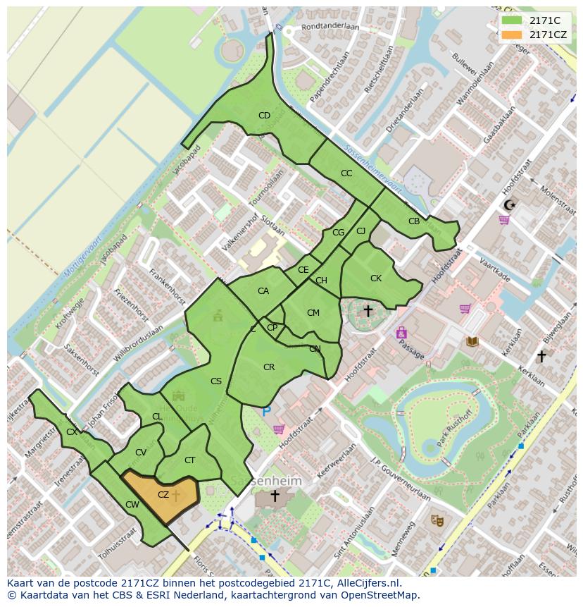 Afbeelding van het postcodegebied 2171 CZ op de kaart.