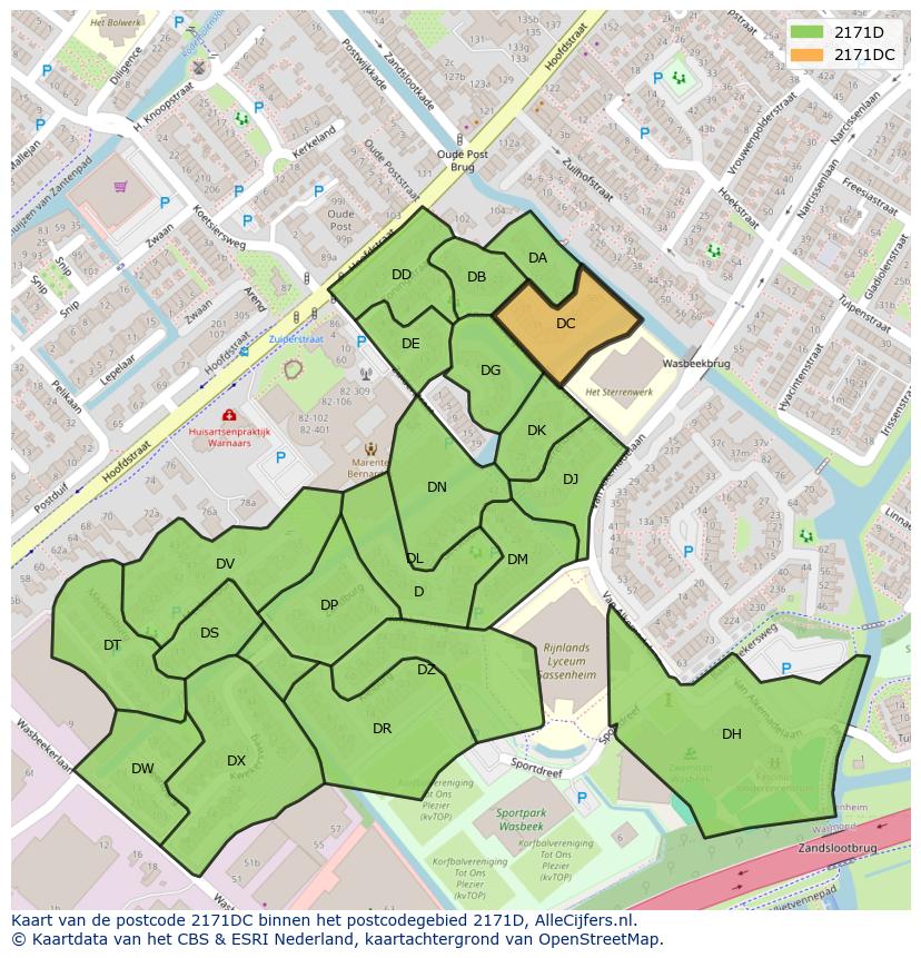 Afbeelding van het postcodegebied 2171 DC op de kaart.