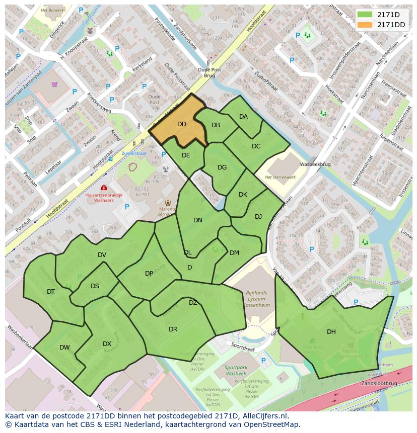 Afbeelding van het postcodegebied 2171 DD op de kaart.