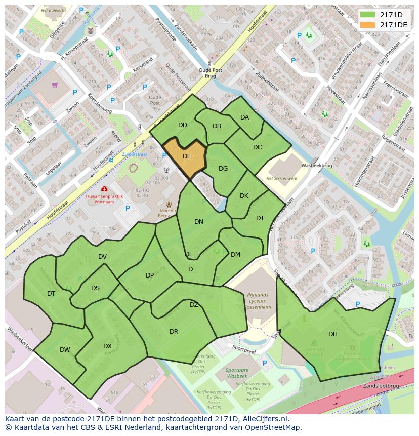 Afbeelding van het postcodegebied 2171 DE op de kaart.