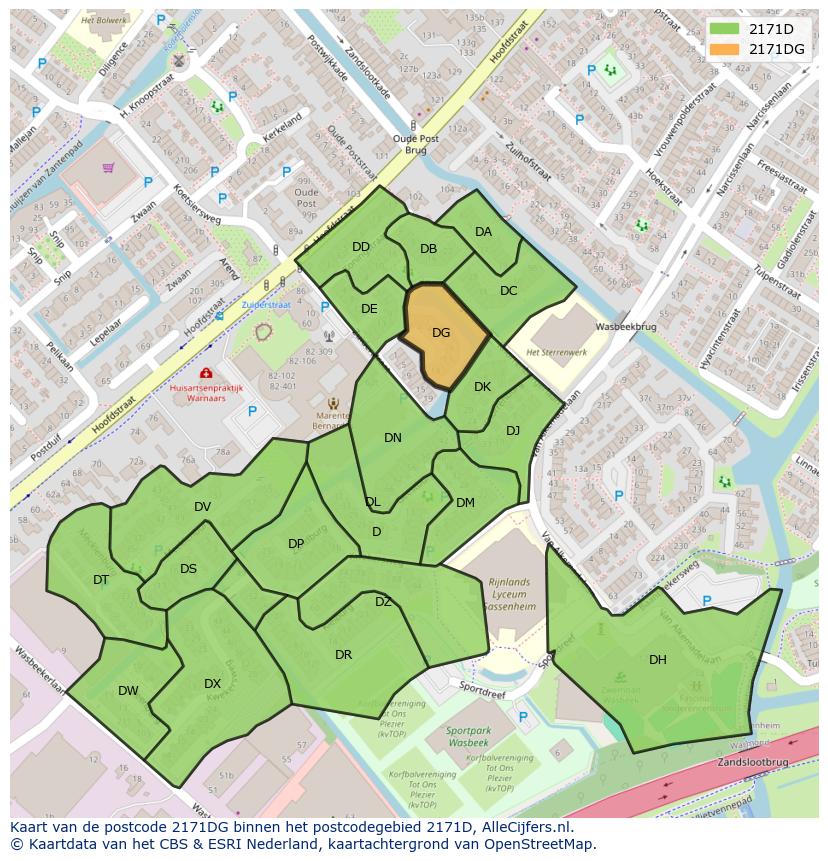 Afbeelding van het postcodegebied 2171 DG op de kaart.