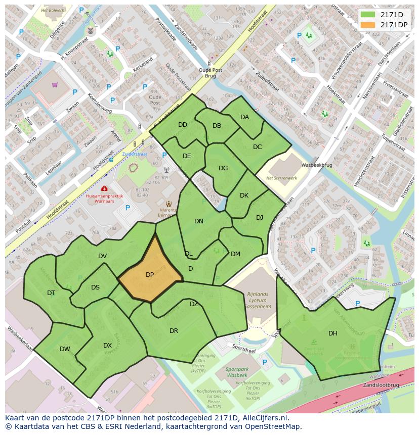 Afbeelding van het postcodegebied 2171 DP op de kaart.