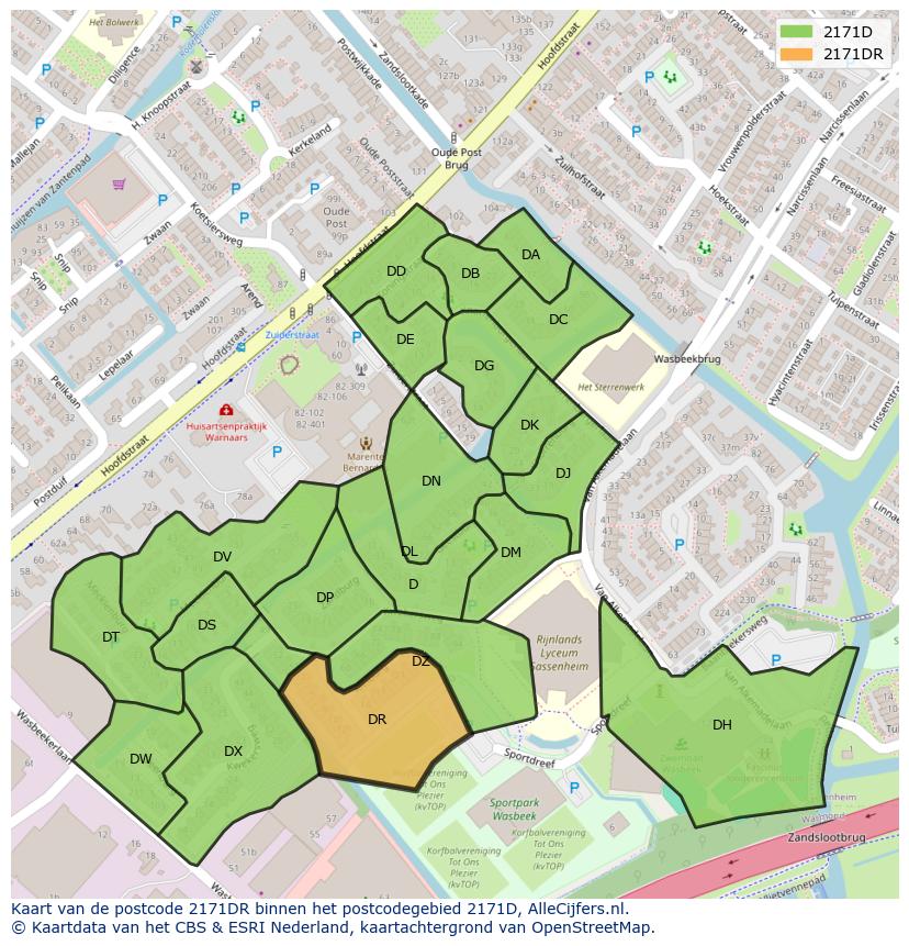 Afbeelding van het postcodegebied 2171 DR op de kaart.