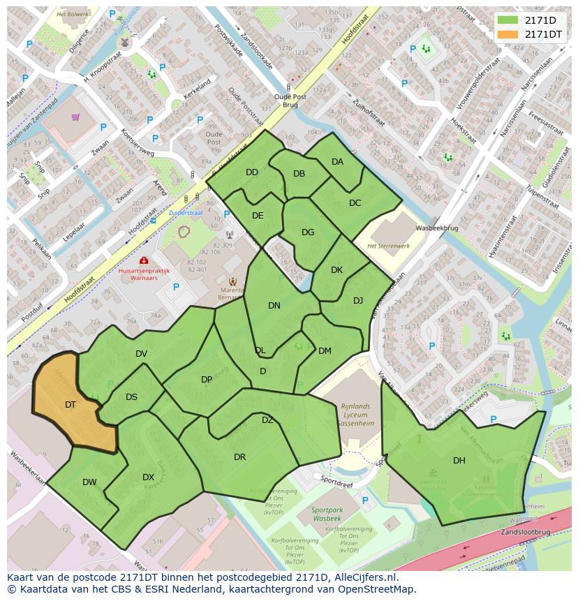 Afbeelding van het postcodegebied 2171 DT op de kaart.