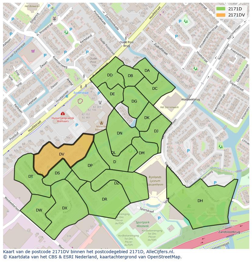 Afbeelding van het postcodegebied 2171 DV op de kaart.