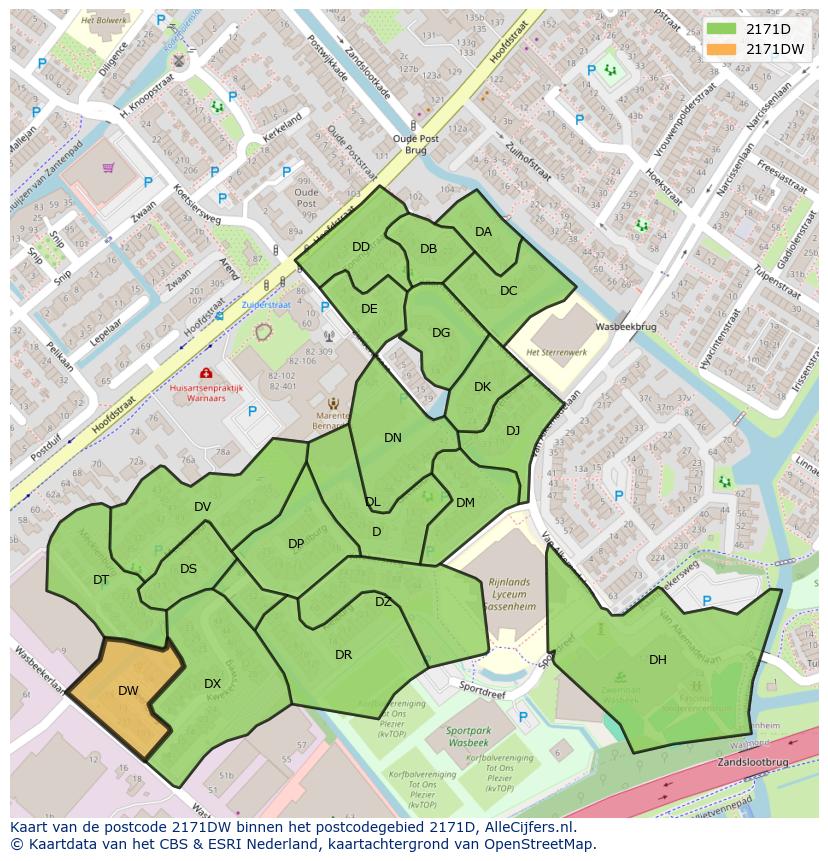 Afbeelding van het postcodegebied 2171 DW op de kaart.