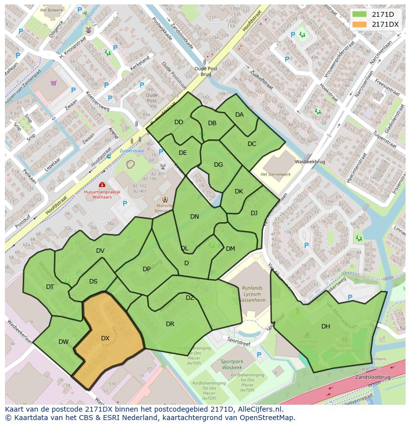 Afbeelding van het postcodegebied 2171 DX op de kaart.