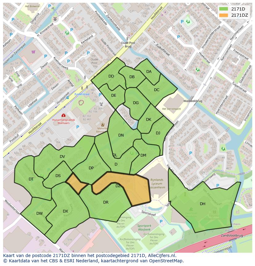 Afbeelding van het postcodegebied 2171 DZ op de kaart.
