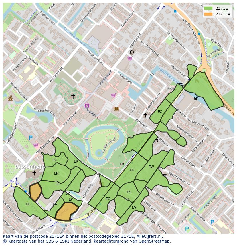 Afbeelding van het postcodegebied 2171 EA op de kaart.