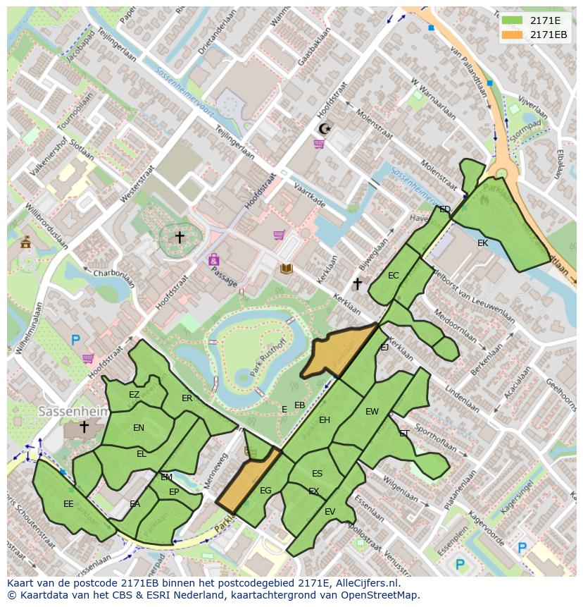 Afbeelding van het postcodegebied 2171 EB op de kaart.
