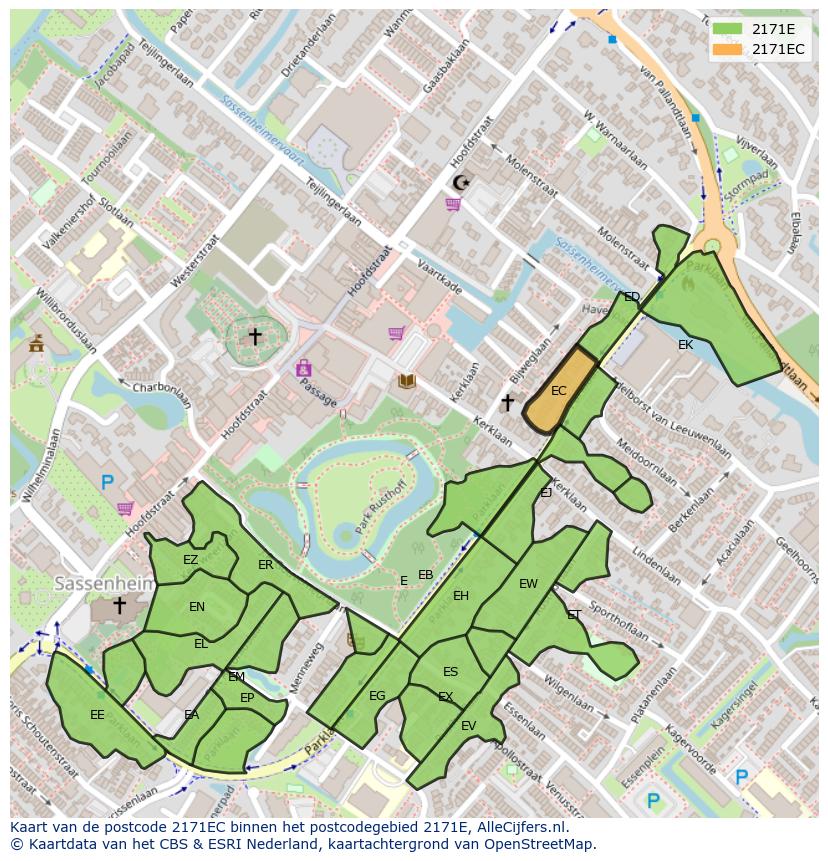 Afbeelding van het postcodegebied 2171 EC op de kaart.