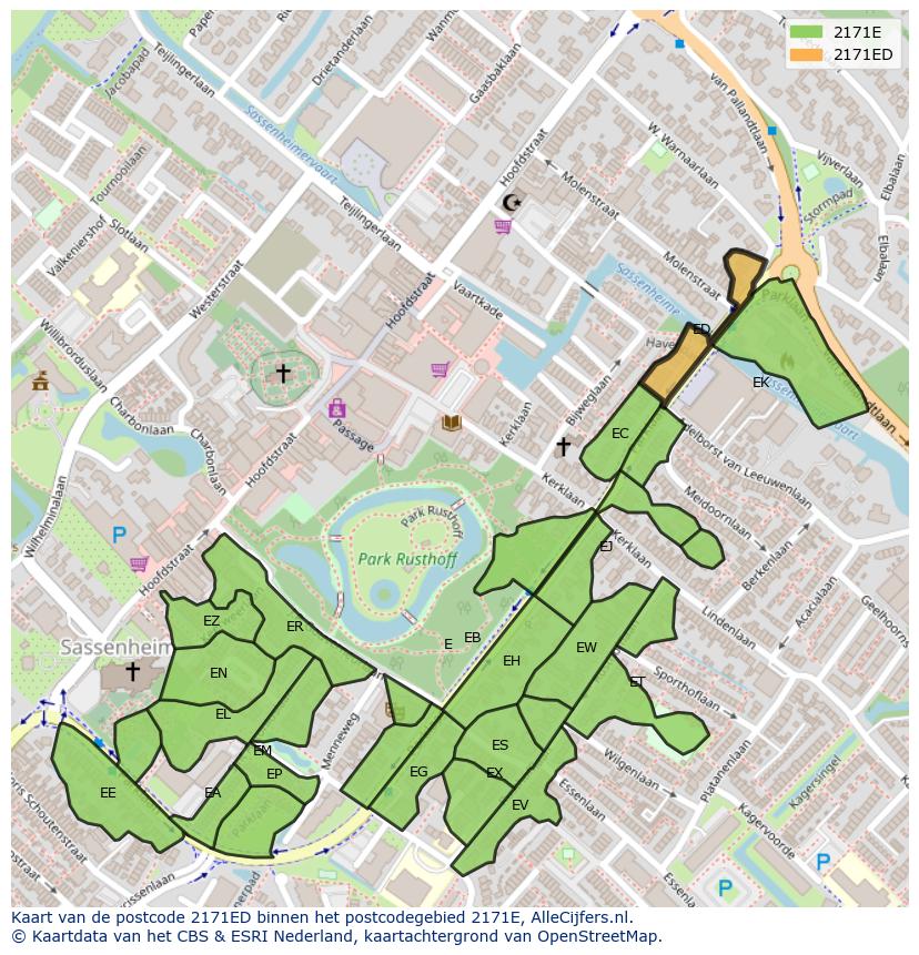 Afbeelding van het postcodegebied 2171 ED op de kaart.