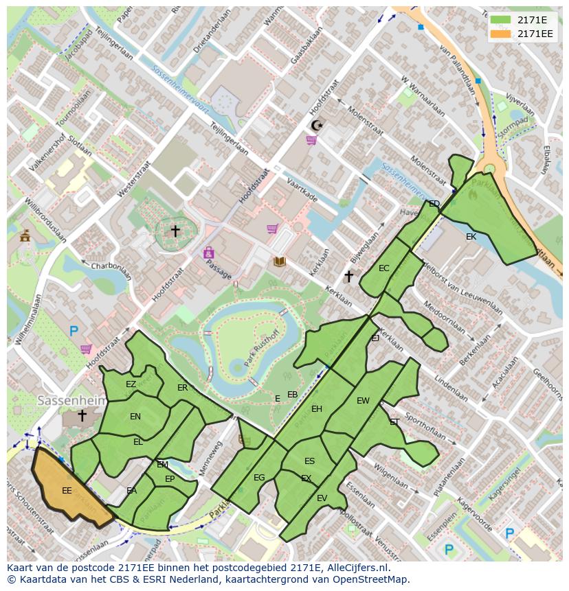 Afbeelding van het postcodegebied 2171 EE op de kaart.