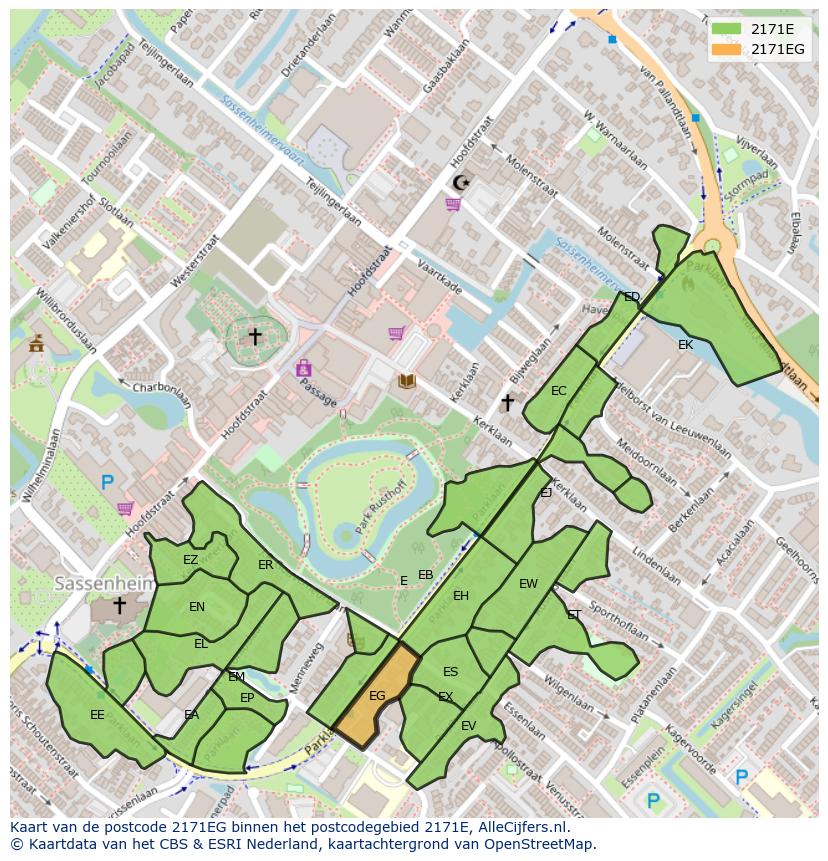 Afbeelding van het postcodegebied 2171 EG op de kaart.