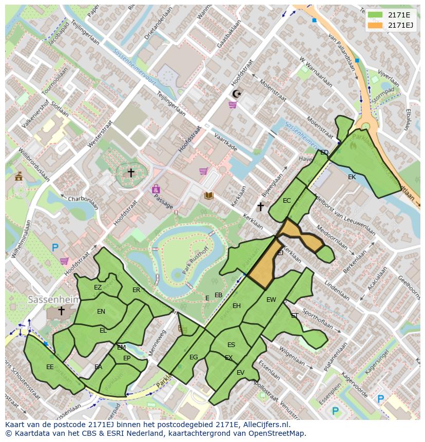 Afbeelding van het postcodegebied 2171 EJ op de kaart.