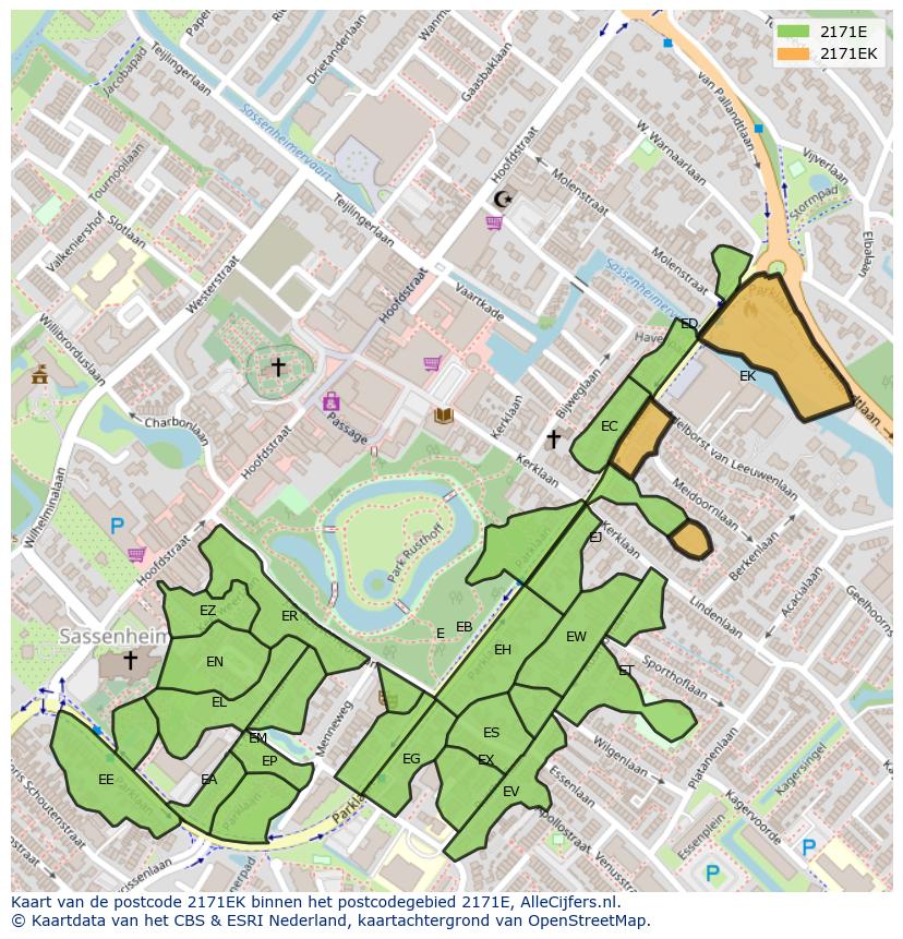 Afbeelding van het postcodegebied 2171 EK op de kaart.