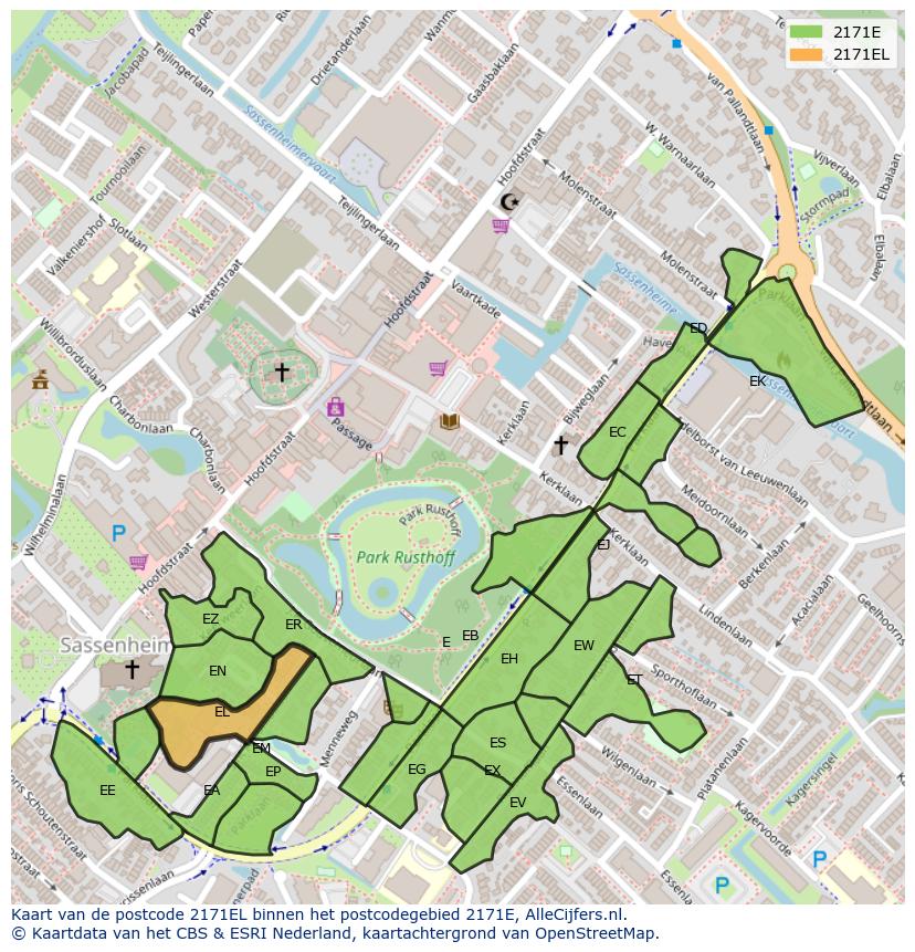 Afbeelding van het postcodegebied 2171 EL op de kaart.