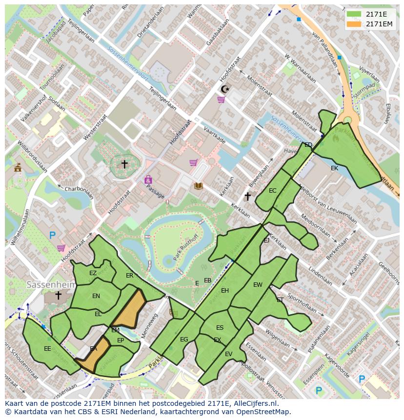 Afbeelding van het postcodegebied 2171 EM op de kaart.