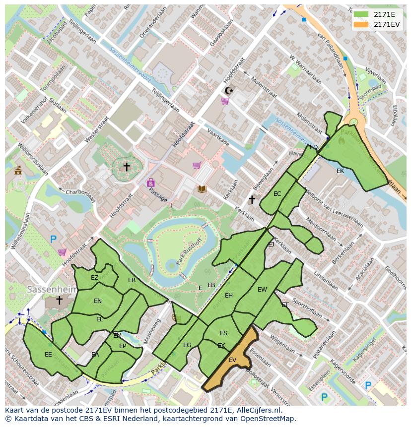 Afbeelding van het postcodegebied 2171 EV op de kaart.
