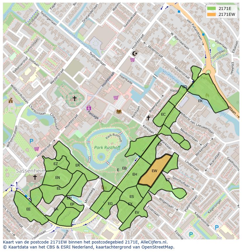 Afbeelding van het postcodegebied 2171 EW op de kaart.