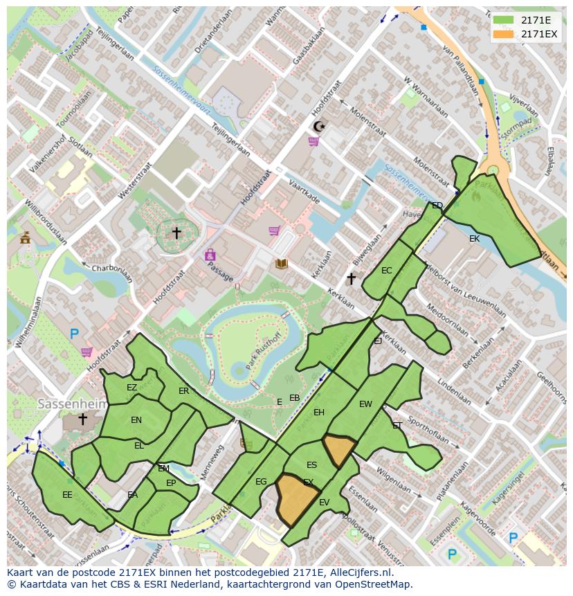 Afbeelding van het postcodegebied 2171 EX op de kaart.
