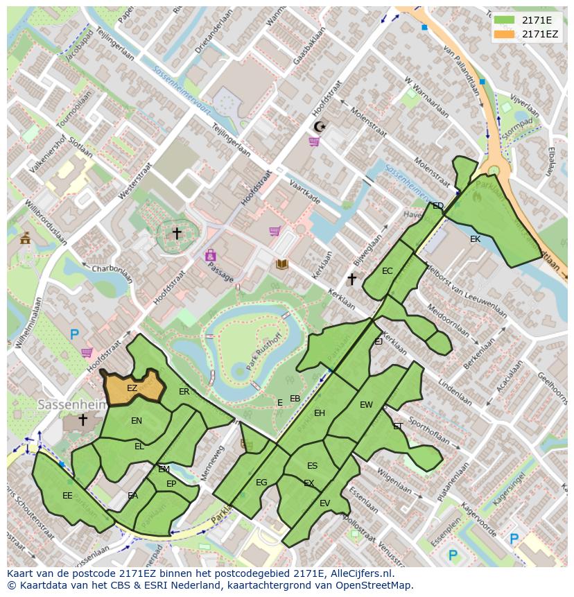 Afbeelding van het postcodegebied 2171 EZ op de kaart.