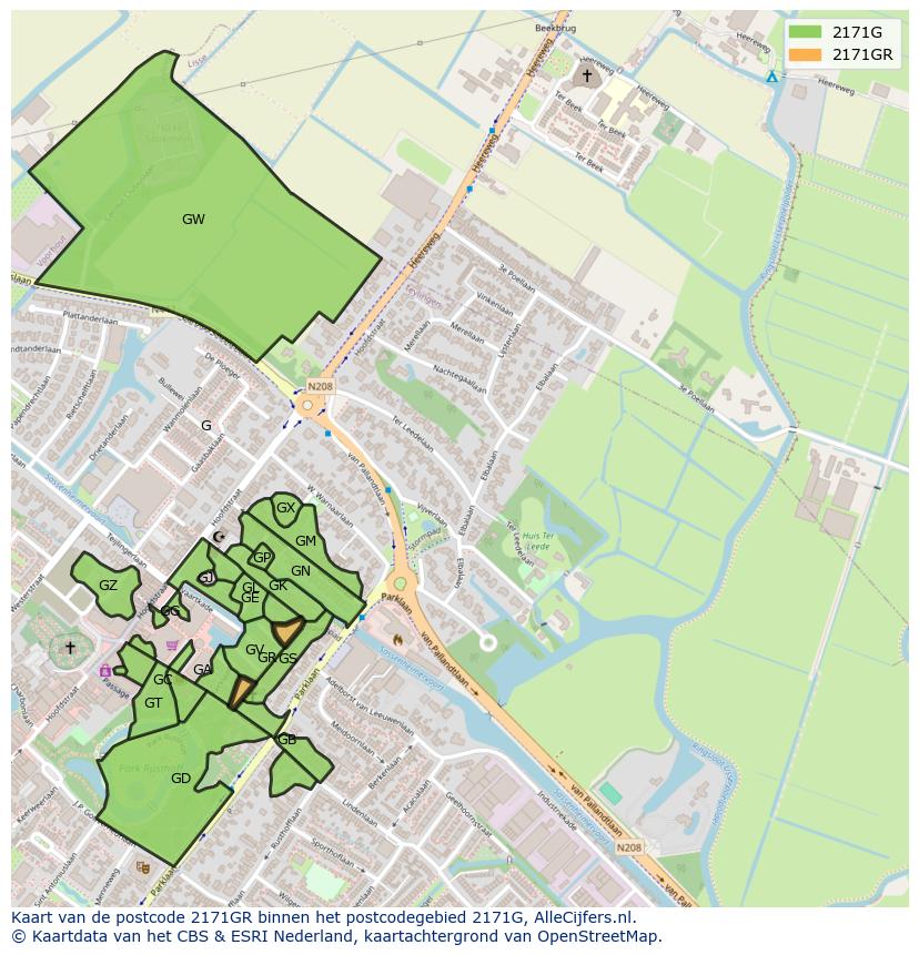 Afbeelding van het postcodegebied 2171 GR op de kaart.