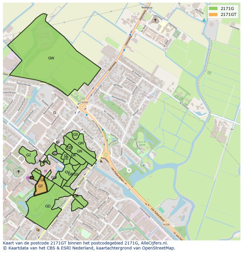 Afbeelding van het postcodegebied 2171 GT op de kaart.