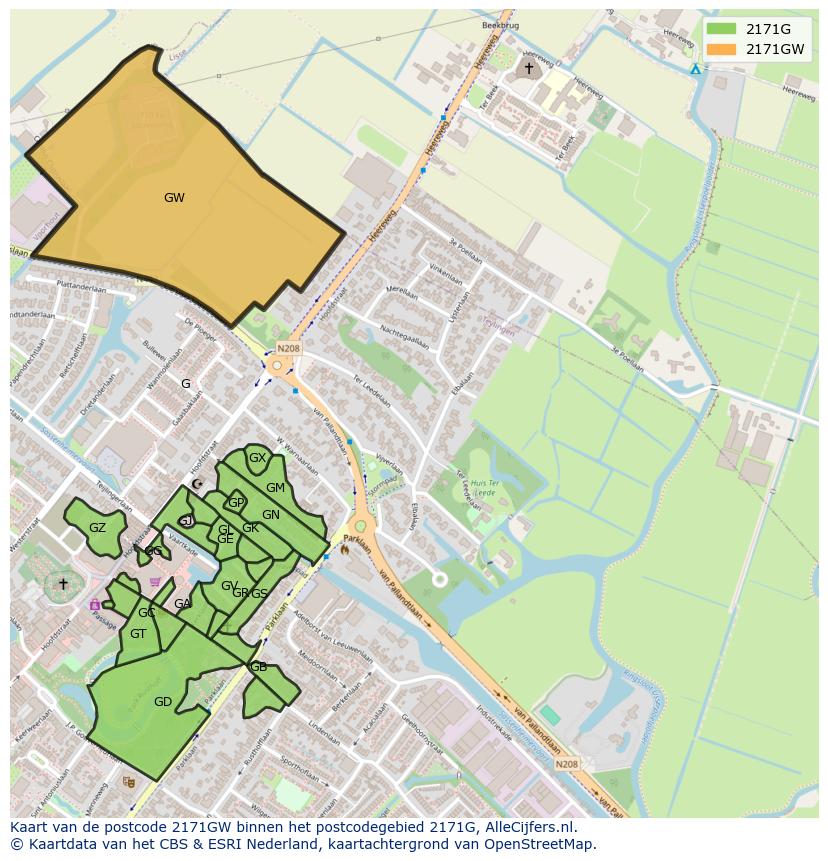 Afbeelding van het postcodegebied 2171 GW op de kaart.