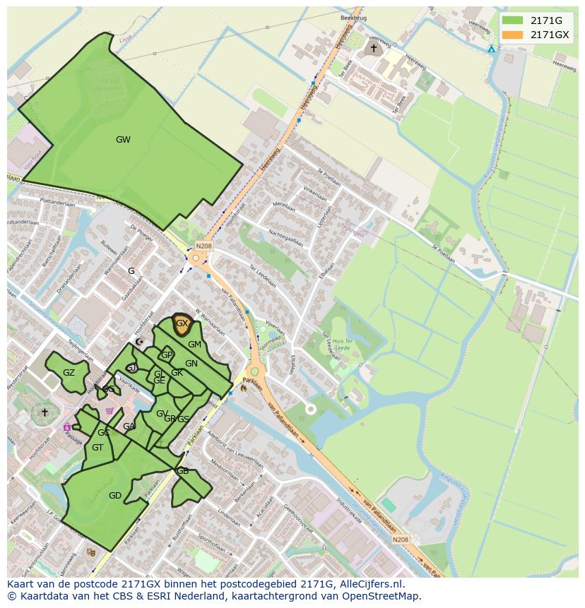 Afbeelding van het postcodegebied 2171 GX op de kaart.