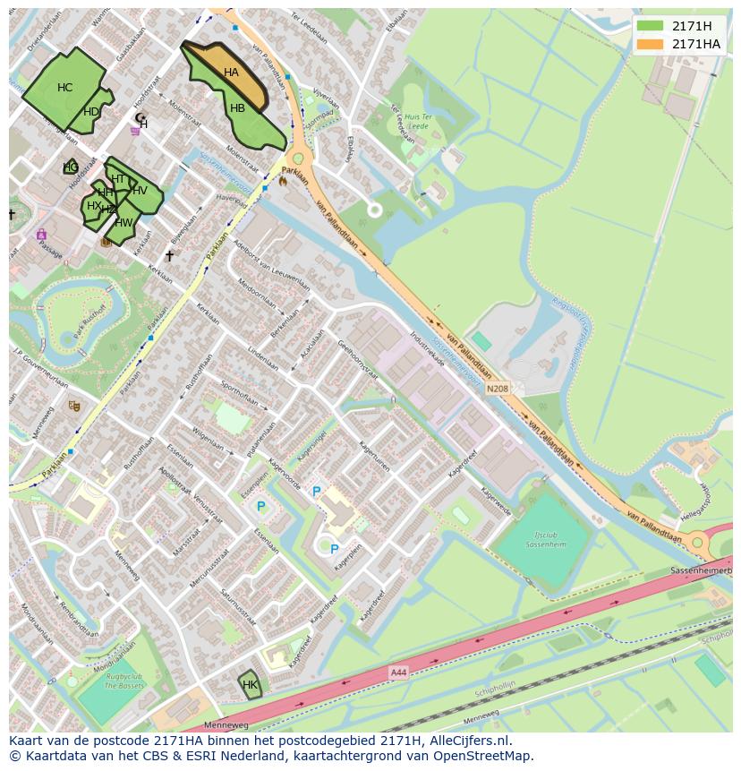 Afbeelding van het postcodegebied 2171 HA op de kaart.