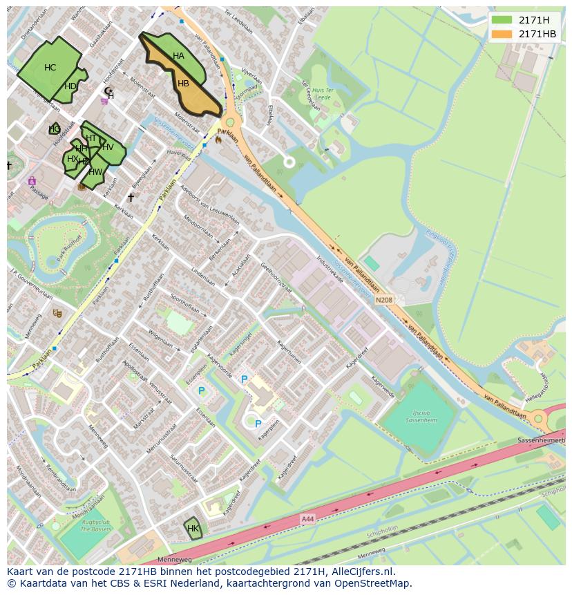 Afbeelding van het postcodegebied 2171 HB op de kaart.