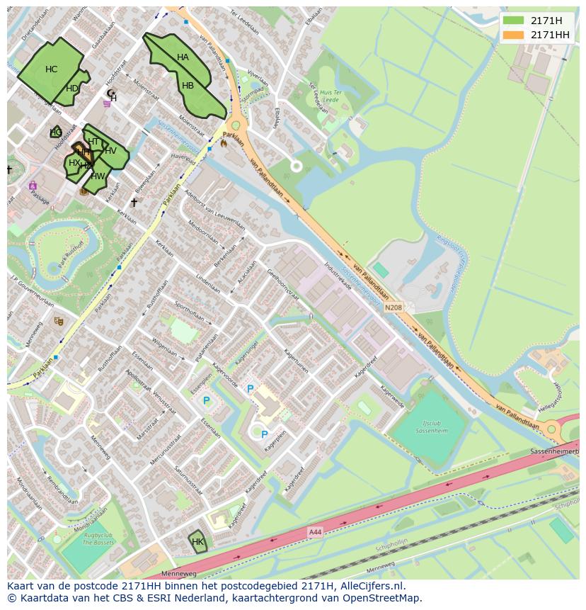 Afbeelding van het postcodegebied 2171 HH op de kaart.