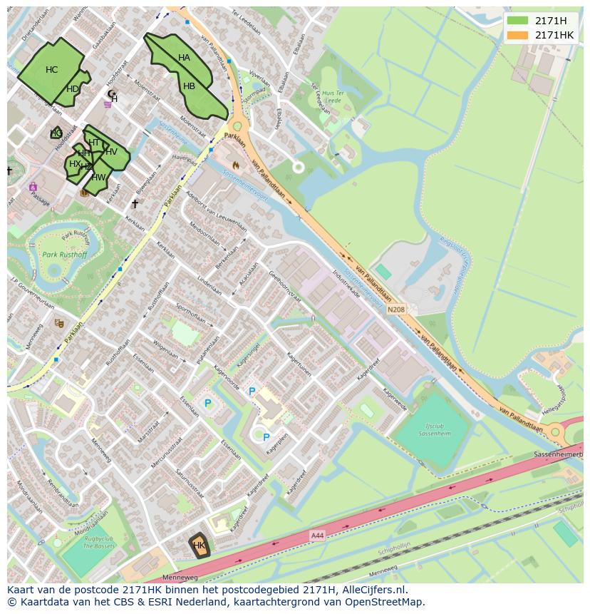 Afbeelding van het postcodegebied 2171 HK op de kaart.