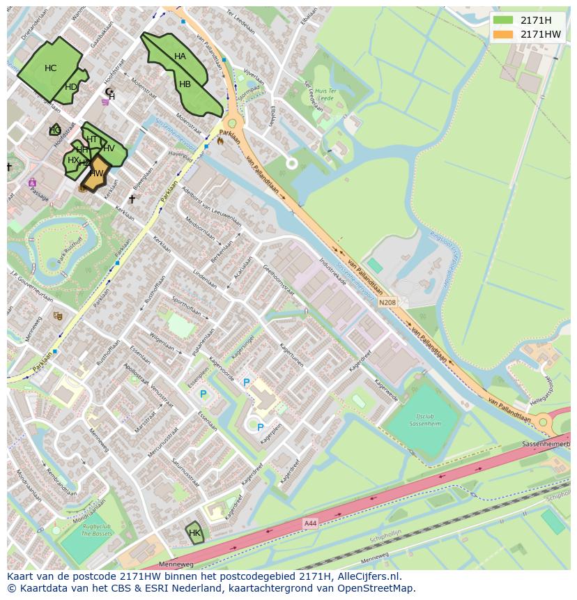 Afbeelding van het postcodegebied 2171 HW op de kaart.