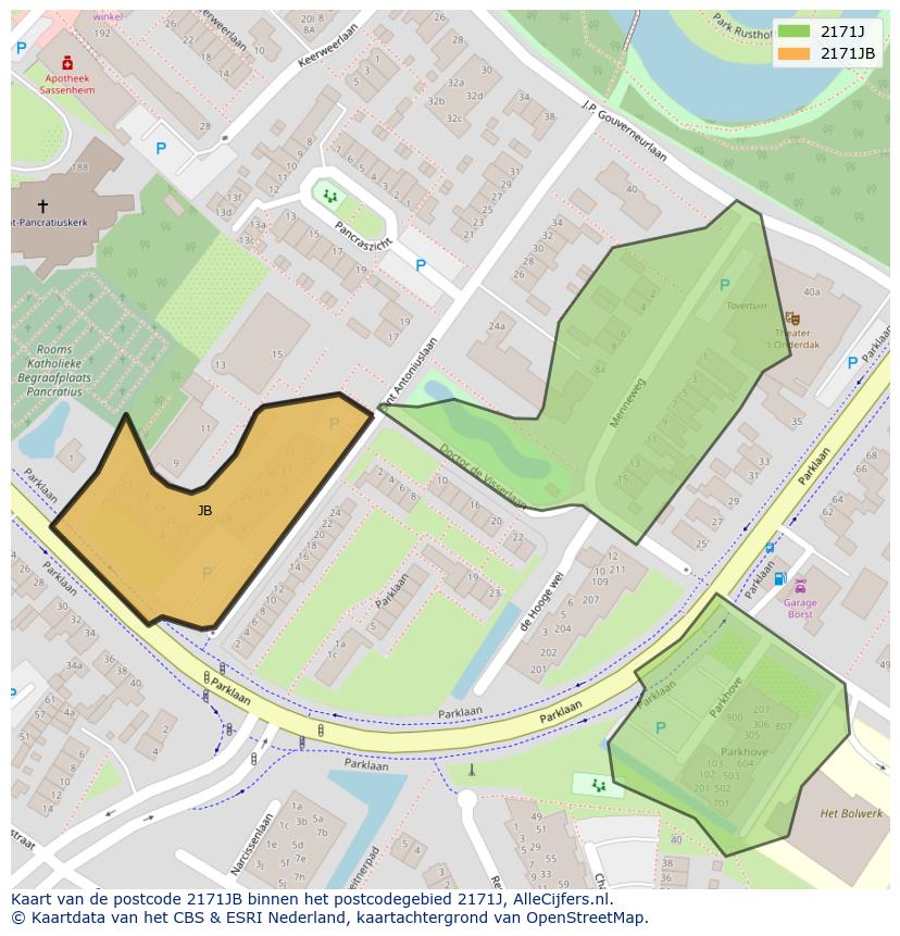 Afbeelding van het postcodegebied 2171 JB op de kaart.