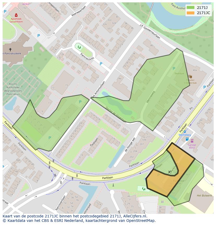 Afbeelding van het postcodegebied 2171 JC op de kaart.