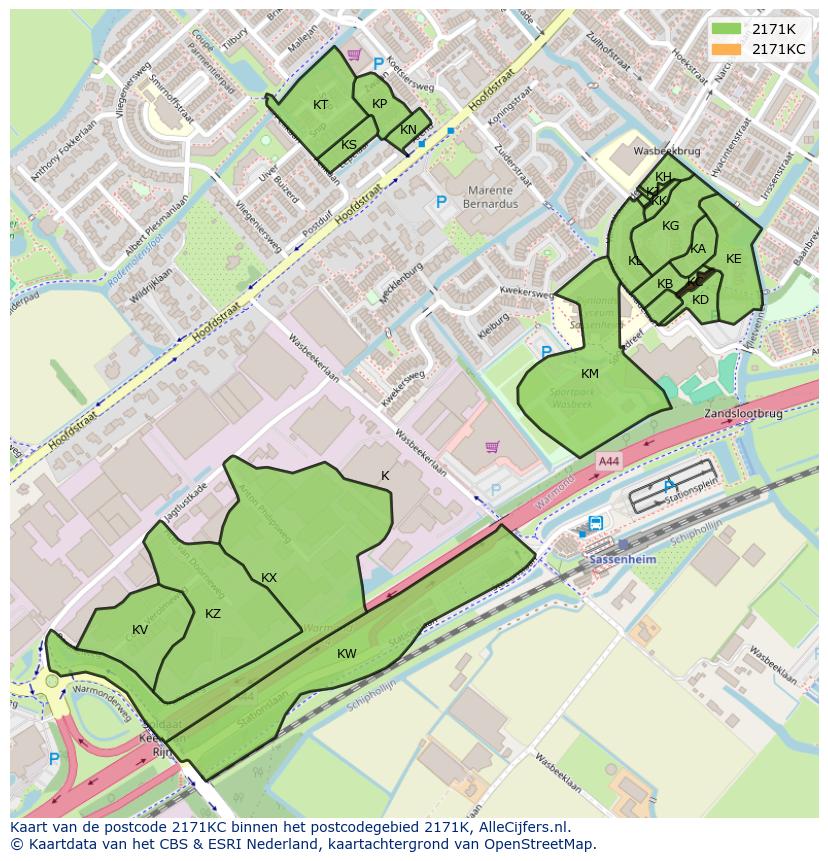 Afbeelding van het postcodegebied 2171 KC op de kaart.