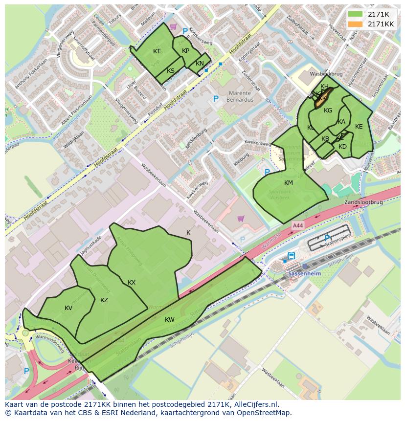 Afbeelding van het postcodegebied 2171 KK op de kaart.