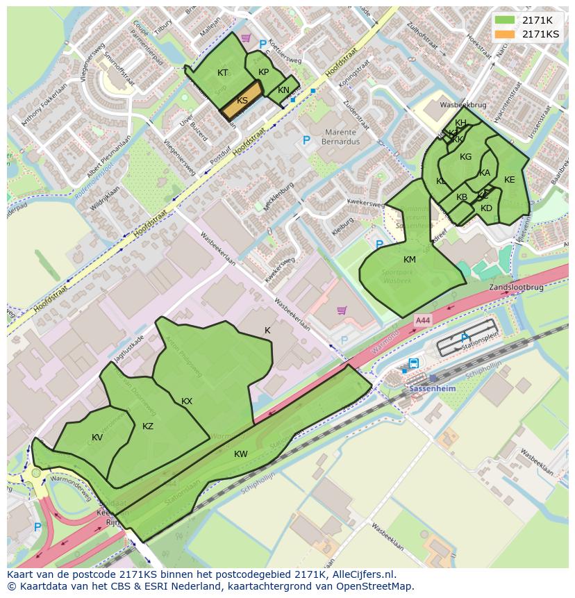 Afbeelding van het postcodegebied 2171 KS op de kaart.