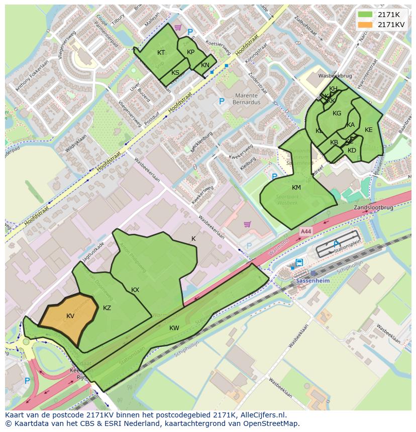 Afbeelding van het postcodegebied 2171 KV op de kaart.
